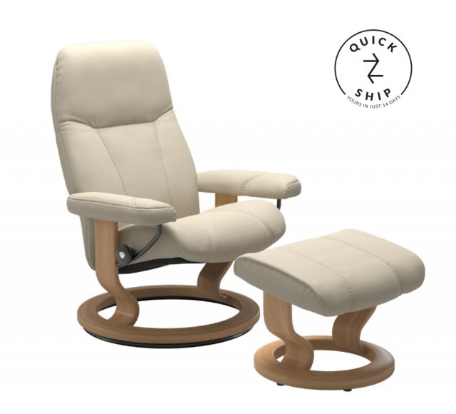 Stressless Stressless Promotions Consul Classic Recliner & Footstool (Batick Cream Leather With Oak Base)