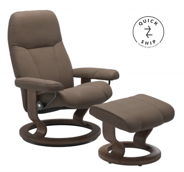 Stressless Stressless Promotions Consul Classic Recliner & Footstool (Batick Mole Leather With Walnut Base)