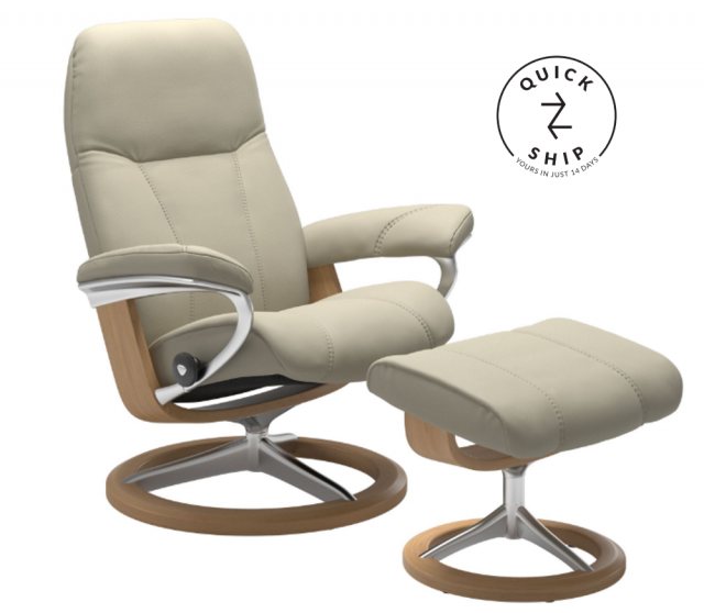 Stressless Stressless Promotions Consul Signature Recliner & Footstool In Batick Cream Leather & Oak Base