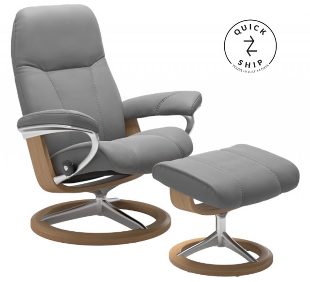 Stressless Stressless Promotions Consul Signature Recliner & Footstool In Batick wild Dove Leather & Oak Base