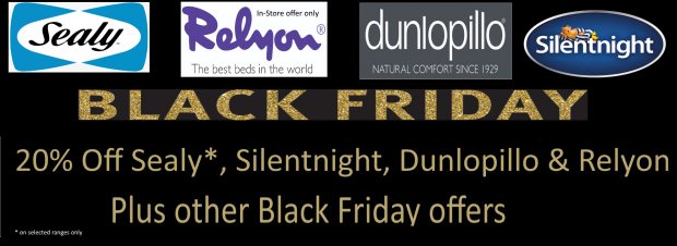 Black Friday 20% OFF leading bed brands Sealy* Silentnight Dunlopillo & Relyon