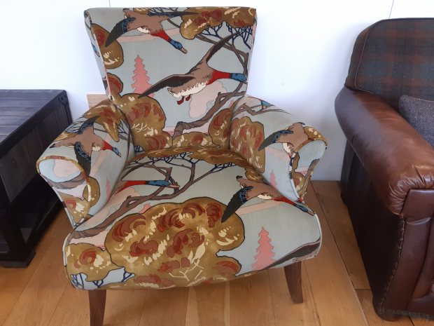 Tetrad Stirling chair in Mulberry Flying Ducks fabric - exclusive Hafren Furnishers offer