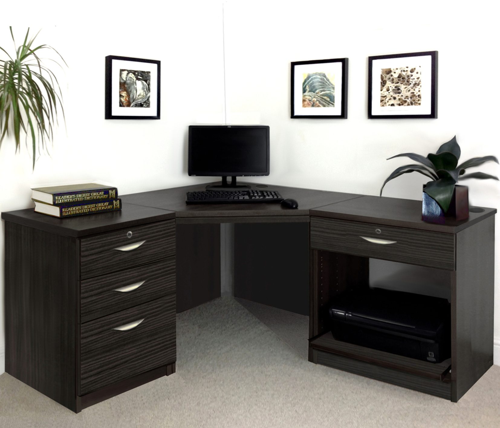 R White Cabinets Set 12 Corner Desk with Printer Drawer Units
