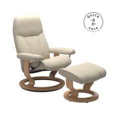 Stressless Promotions Consul Classic Recliner & Footstool (Batick Cream Leather With Oak Base)