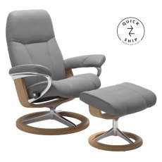 Stressless Promotions Consul Signature Recliner & Footstool In Batick wild Dove Leather & Oak Base