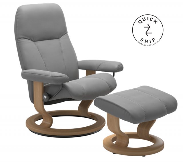 Stressless Stressless Promotions Consul Classic Recliner & Footstool (Batick wild Dove Leather With Oak Base)