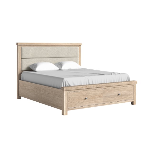 Corndell Corndell Normandy Whitewash Bedframe With Cream Herringbone Headboard & Drawers