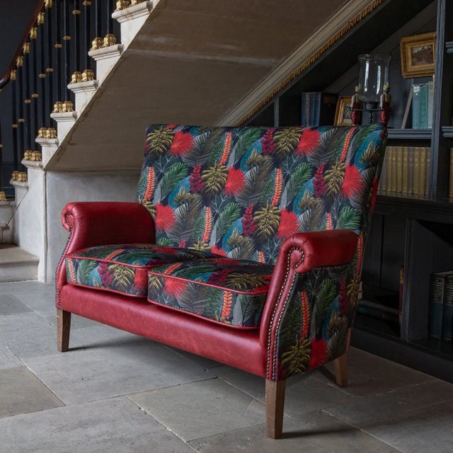 Vintage Sofa Company Vintage Sofa Company Colin 3 Seater In Toucan Fabric & Rosso Red Leather