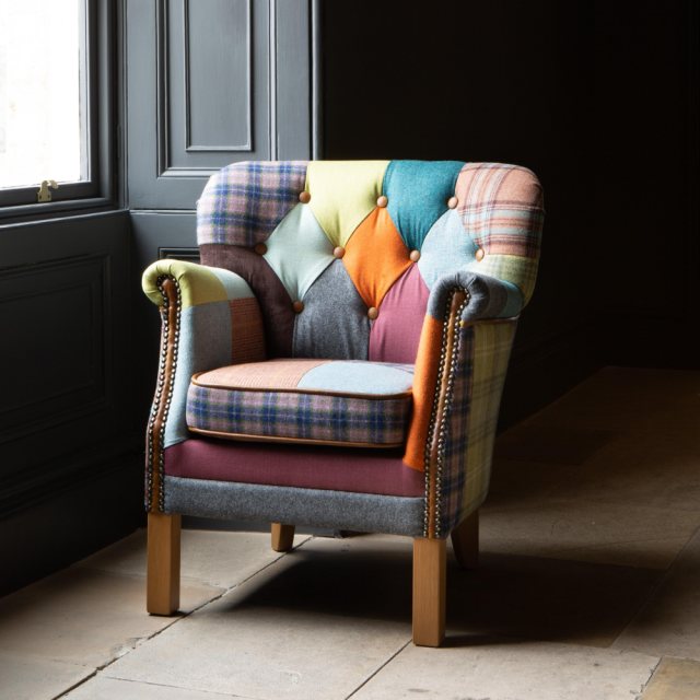 Vintage Sofa Company Patchwork Buttoned Governor Chair with Medium Oak legs