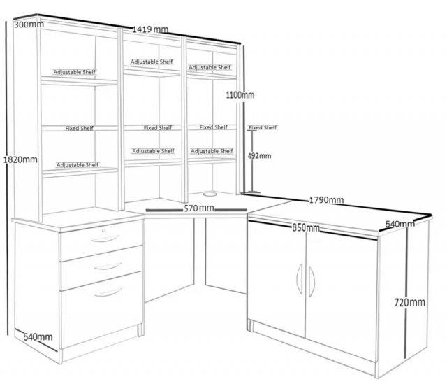 R White Cabinets R White Cabinets Set 19 - Corner Desk, Cupboard & Drawer Units with Hutch Bookcases