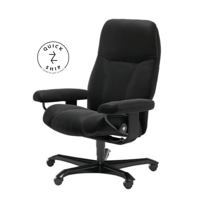 Stressless Stressless Quickship Consul Medium Office Chair Batick Black Leather & Black Wood